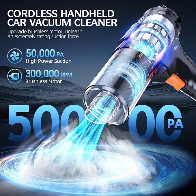 Cordless Handheld Car Vacuum Cleaner, 50,000Pa High-Power Brushless Motor, Rechargeable Dust Buster with 2 Batteries &
