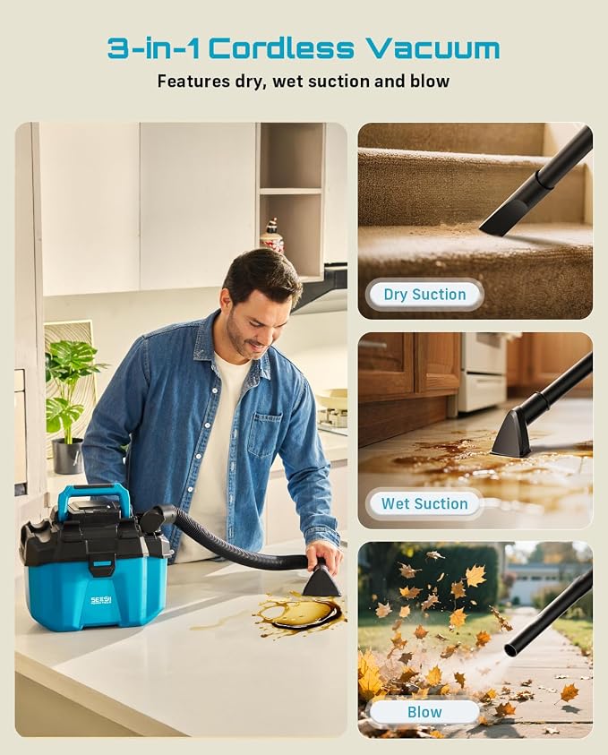 Cordless Wet and Dry, 2.6 Gallon Small with Accessory Storage Holder, 2 x 4.0Ah Batteries, 3-in-1 Wet Dry