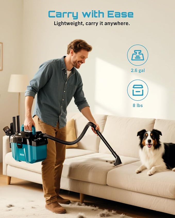 Cordless Wet and Dry, 2.6 Gallon Small with Accessory Storage Holder, 2 x 4.0Ah Batteries, 3-in-1 Wet Dry