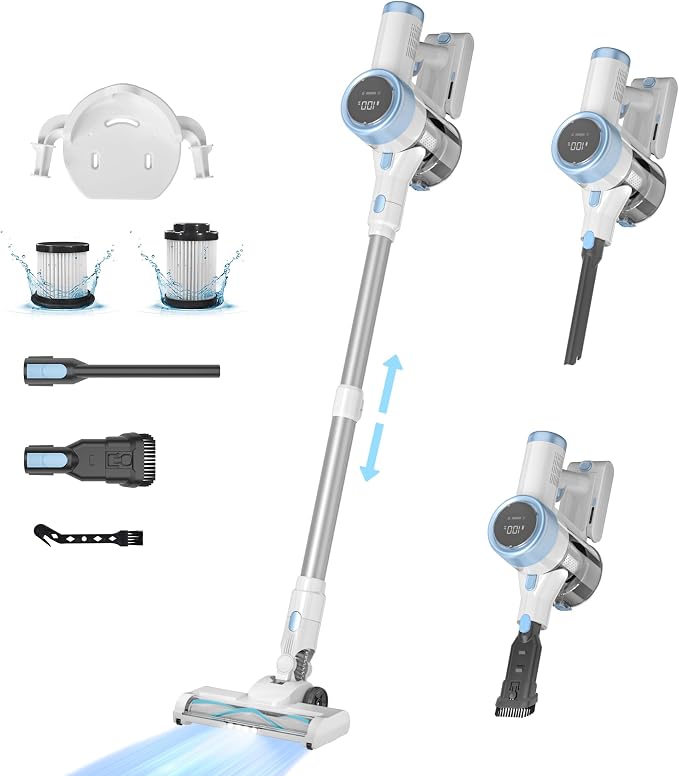 Cordless Stick Vacuum Cleaner, 45KPA Powerful Suction 50Mins Runtime, Lightweight 6-in-1 Vacuum with LED Touch Screen
