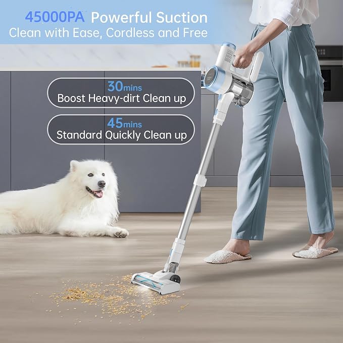 Cordless Stick Vacuum Cleaner, 45KPA Powerful Suction 50Mins Runtime, Lightweight 6-in-1 Vacuum with LED Touch Screen