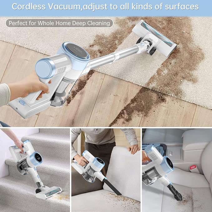 Cordless Stick Vacuum Cleaner, 45KPA Powerful Suction 50Mins Runtime, Lightweight 6-in-1 Vacuum with LED Touch Screen