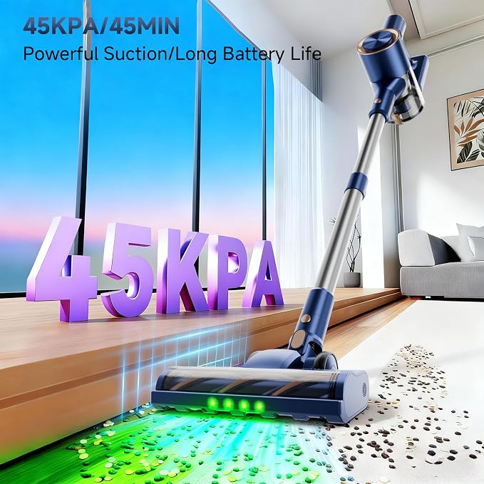 Cordless Stick Vacuum Cleaner - 45KPA Powerful Suction Vacuum with 45 Min Runtime, Detachable Battery, Anti-Tangle & 1.5L