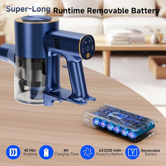 Cordless Stick Vacuum Cleaner - 45KPA Powerful Suction Vacuum with 45 Min Runtime, Detachable Battery, Anti-Tangle & 1.5L