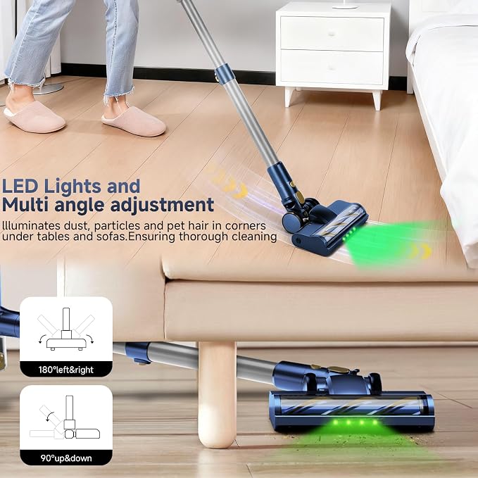 Cordless Stick Vacuum Cleaner - 45KPA Powerful Suction Vacuum with 45 Min Runtime, Detachable Battery, Anti-Tangle & 1.5L