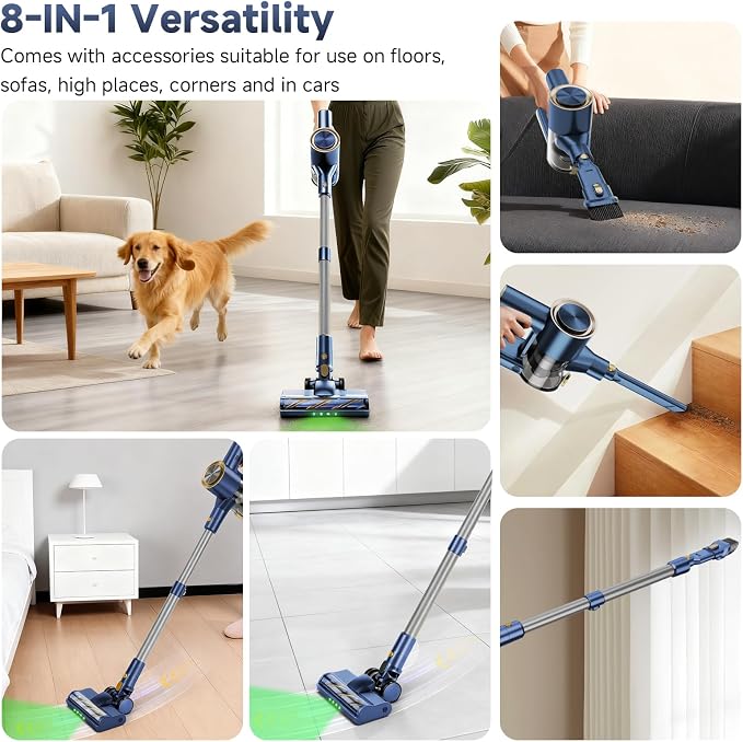 Cordless Stick Vacuum Cleaner - 45KPA Powerful Suction Vacuum with 45 Min Runtime, Detachable Battery, Anti-Tangle & 1.5L