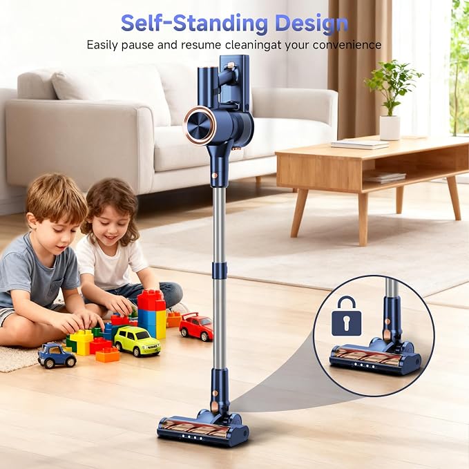Cordless Stick Vacuum Cleaner - 45KPA Powerful Suction Vacuum with 45 Min Runtime, Detachable Battery, Anti-Tangle & 1.5L