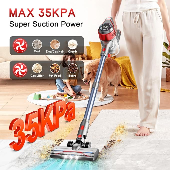 Cordless Stick Vacuum Cleaner - Rechargeable, 35Kpa Powerful Vacuums with Detachable Battery, LED Display, 45Mins Runtime, 8