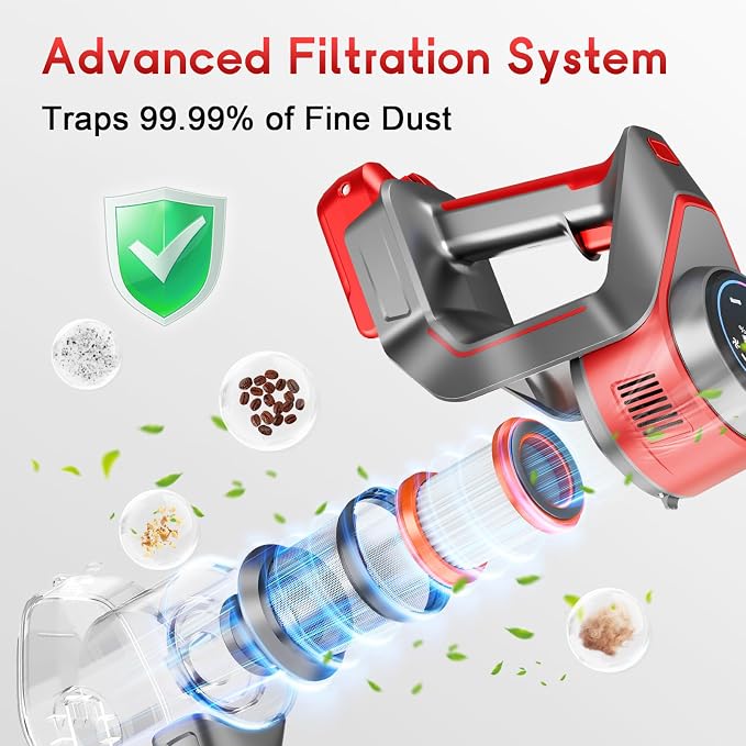 Cordless Stick Vacuum Cleaner - Rechargeable, 35Kpa Powerful Vacuums with Detachable Battery, LED Display, 45Mins Runtime, 8