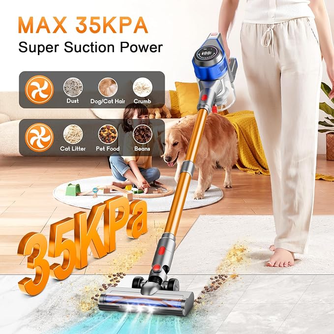 Cordless Stick Vacuum Cleaner - Rechargeable, 35Kpa Powerful Vacuums with Detachable Battery, LED Display, 45Mins Runtime, 8