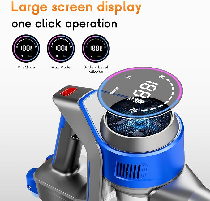 Cordless Stick Vacuum Cleaner - Rechargeable, 35Kpa Powerful Vacuums with Detachable Battery, LED Display, 45Mins Runtime, 8