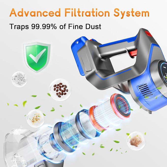 Cordless Stick Vacuum Cleaner - Rechargeable, 35Kpa Powerful Vacuums with Detachable Battery, LED Display, 45Mins Runtime, 8