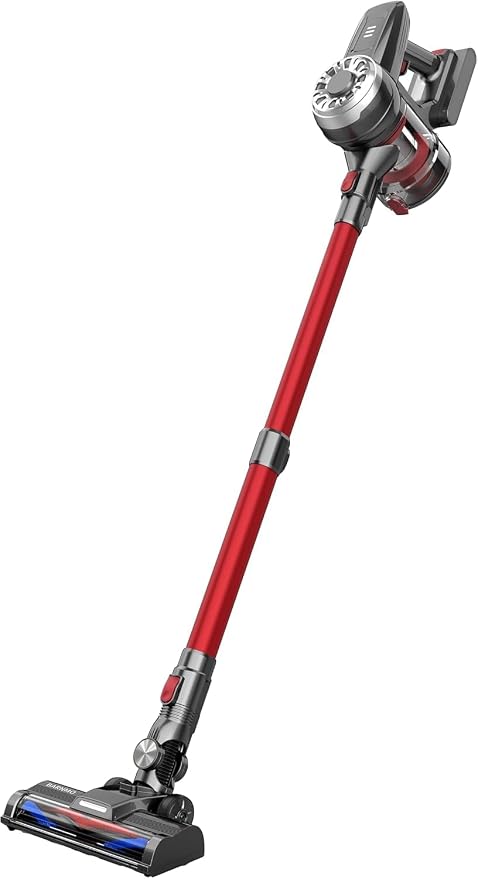 Cordless Stick Vacuum, Red, 45 Min Runtime, LED Headlights, 2-Speed, Telescopic Tube with Main Vacuum Brush, Crevice Tool