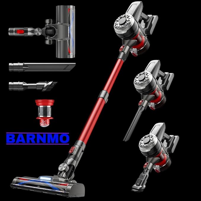Cordless Stick Vacuum, Red, 45 Min Runtime, LED Headlights, 2-Speed, Telescopic Tube with Main Vacuum Brush, Crevice Tool