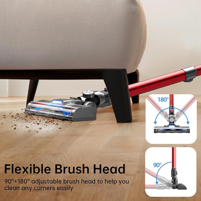 Cordless Stick Vacuum, Red, 45 Min Runtime, LED Headlights, 2-Speed, Telescopic Tube with Main Vacuum Brush, Crevice Tool