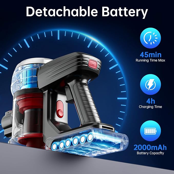 Cordless Stick Vacuum, Red, 45 Min Runtime, LED Headlights, 2-Speed, Telescopic Tube with Main Vacuum Brush, Crevice Tool