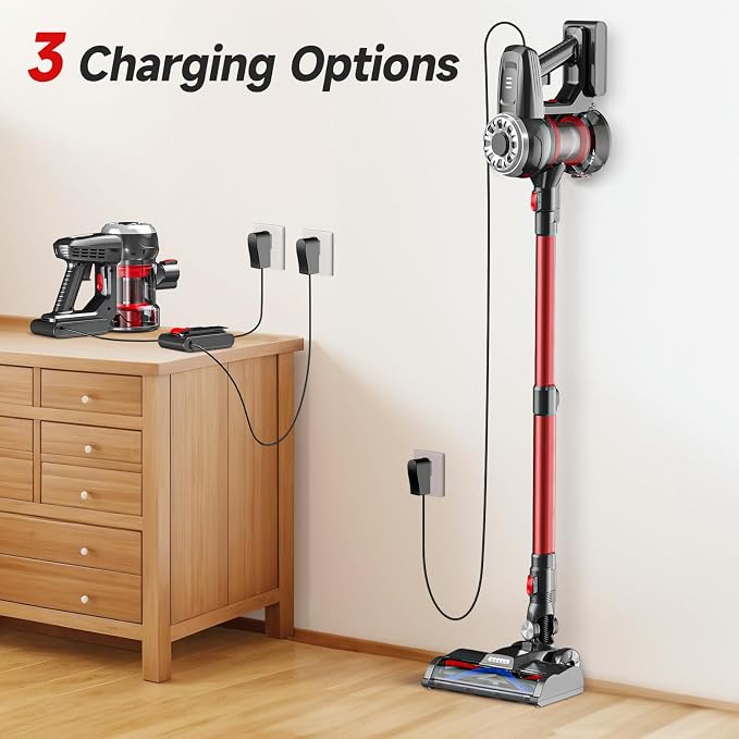 Cordless Stick Vacuum, Red, 45 Min Runtime, LED Headlights, 2-Speed, Telescopic Tube with Main Vacuum Brush, Crevice Tool