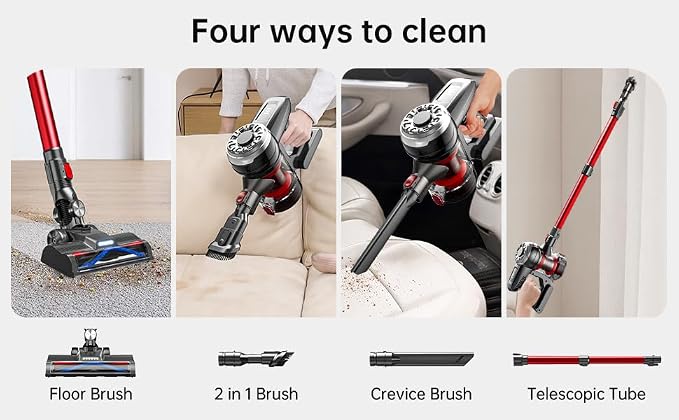 Cordless Stick Vacuum, Red, 45 Min Runtime, LED Headlights, 2-Speed, Telescopic Tube with Main Vacuum Brush, Crevice Tool
