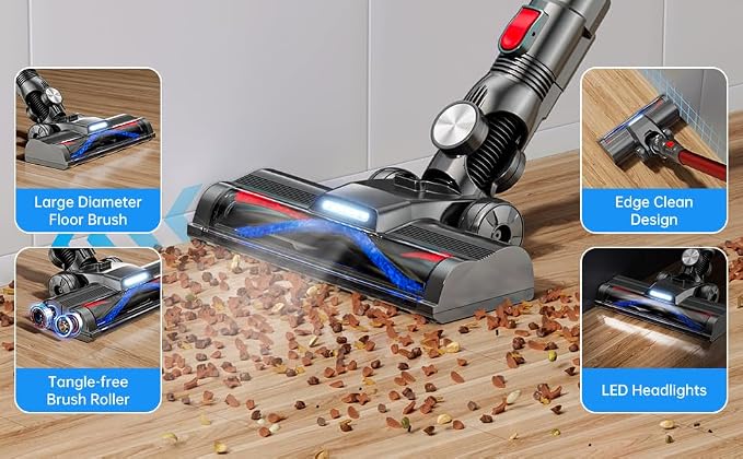 Cordless Stick Vacuum, Red, 45 Min Runtime, LED Headlights, 2-Speed, Telescopic Tube with Main Vacuum Brush, Crevice Tool