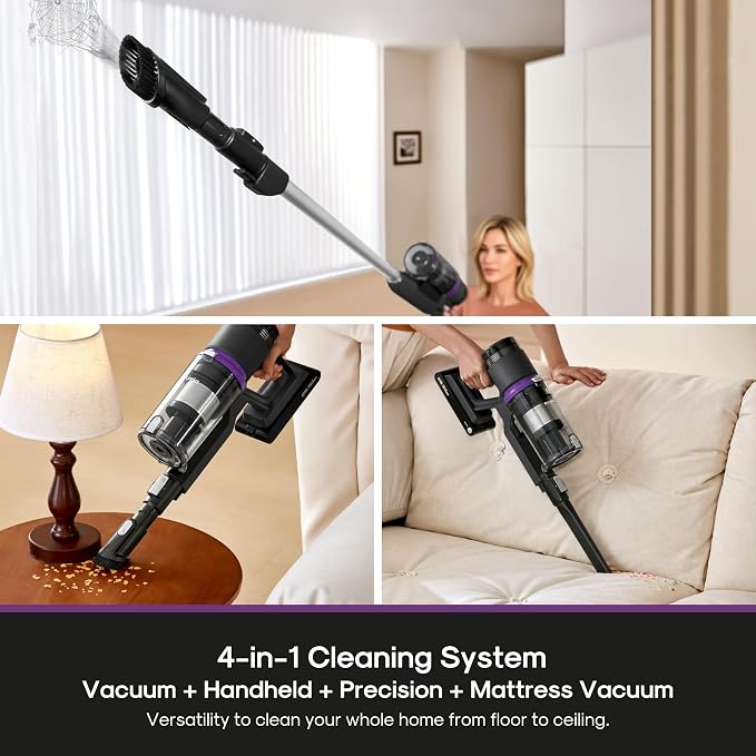Cordless Vacuum - 50 Min Runtime for Large Homes, 5.5 lbs Lightweight, Ideal for Pet Hair & Allergies on Hardwood & Carpet