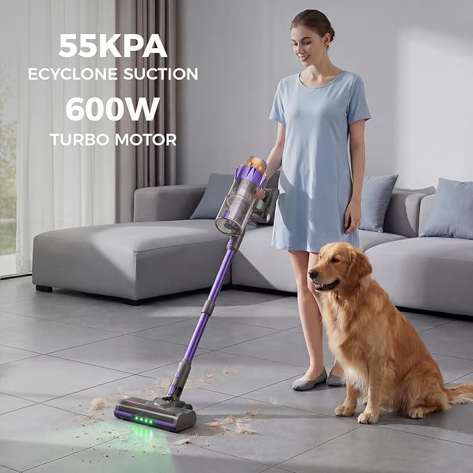 Cordless Vacuum Cleaner 1.8L Dustbin, 600W 55kPa 70Mins Stick Vacuum Cleaners for Home with Pet Brush, Self-Standing and