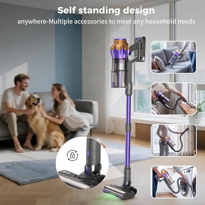 Cordless Vacuum Cleaner 1.8L Dustbin, 600W 55kPa 70Mins Stick Vacuum Cleaners for Home with Pet Brush, Self-Standing and