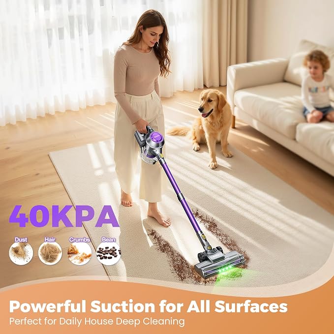 Cordless Vacuum Cleaner, 40Kpa Powerful Suction Stick Vacuum Cleaners for Home, 45 Mins Runtime, 1.6L Dust Box, Anti-Tangle