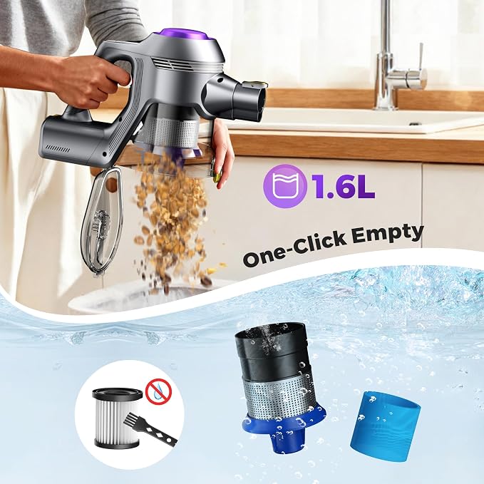 Cordless Vacuum Cleaner, 40Kpa Powerful Suction Stick Vacuum Cleaners for Home, 45 Mins Runtime, 1.6L Dust Box, Anti-Tangle