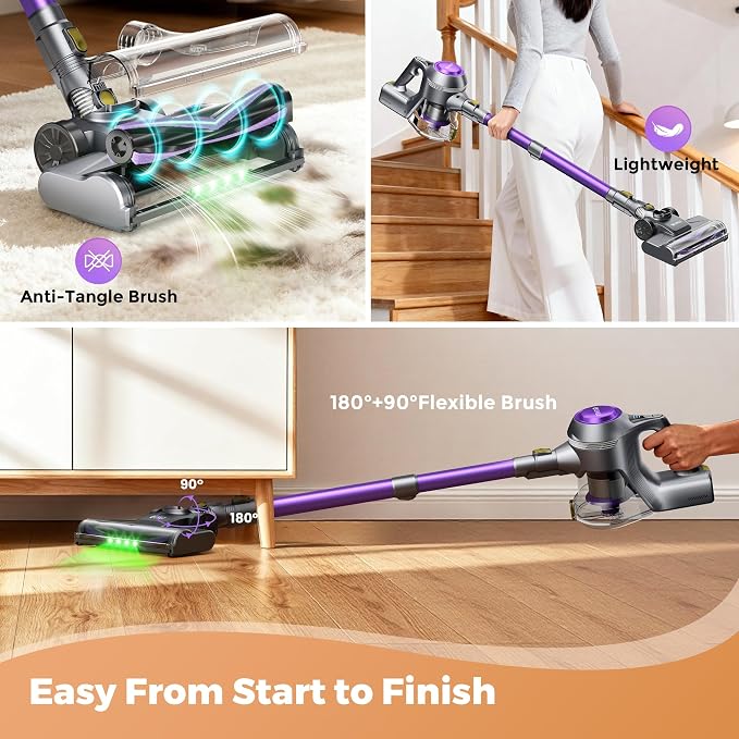 Cordless Vacuum Cleaner, 40Kpa Powerful Suction Stick Vacuum Cleaners for Home, 45 Mins Runtime, 1.6L Dust Box, Anti-Tangle