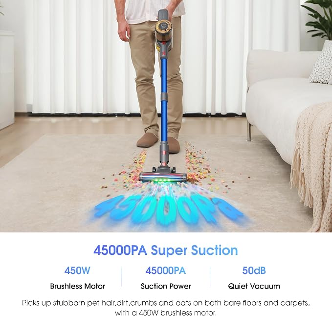 Cordless Vacuum Cleaner, 45,000Pa/450W Stick Vacuum Cleaners for Home, 60 Mins Runtime, Self-Standing, Detachable Battery