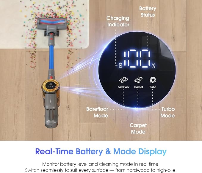 Cordless Vacuum Cleaner, 45,000Pa/450W Stick Vacuum Cleaners for Home, 60 Mins Runtime, Self-Standing, Detachable Battery