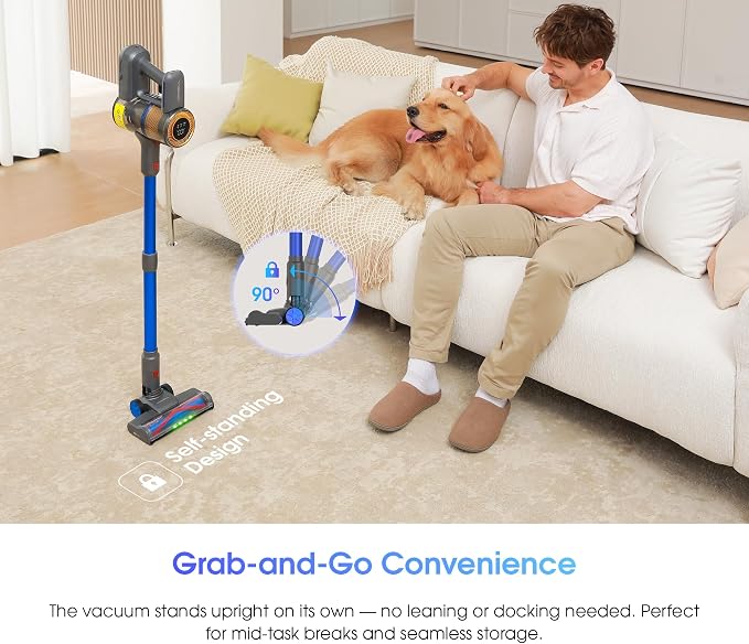 Cordless Vacuum Cleaner, 45,000Pa/450W Stick Vacuum Cleaners for Home, 60 Mins Runtime, Self-Standing, Detachable Battery