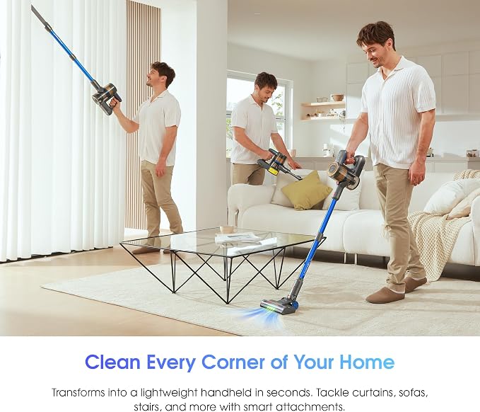 Cordless Vacuum Cleaner, 45,000Pa/450W Stick Vacuum Cleaners for Home, 60 Mins Runtime, Self-Standing, Detachable Battery