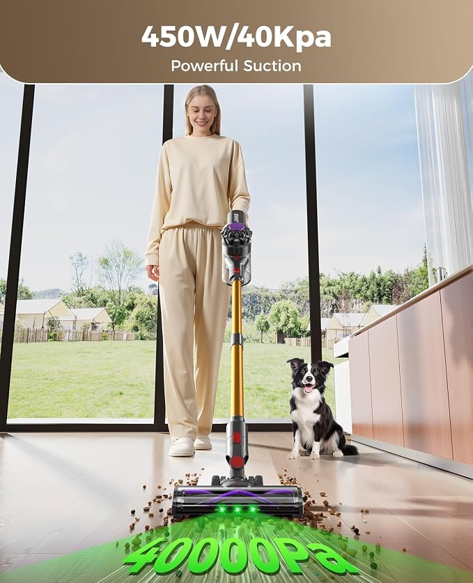 Cordless Vacuum Cleaner, 450W 40KPA Vacuum Cleaners for Home, 45Mins Lightweight Stick Vacuum with Advanced Green Light Tech