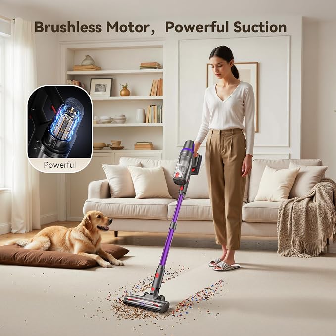 Cordless Vacuum Cleaner,450W 40Kpa Vacuum Cleaners for Home,Up to 60 Min Runtime,Tangle-Free Brush,8-in-1 Versatile &