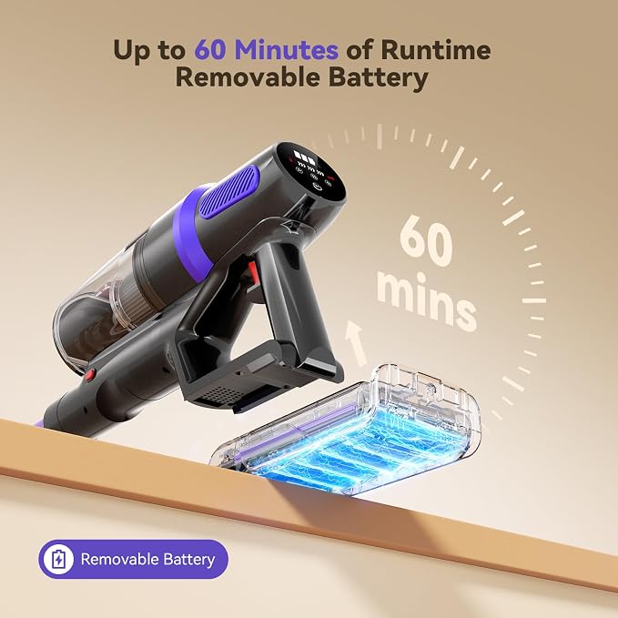 Cordless Vacuum Cleaner,450W 40Kpa Vacuum Cleaners for Home,Up to 60 Min Runtime,Tangle-Free Brush,8-in-1 Versatile &