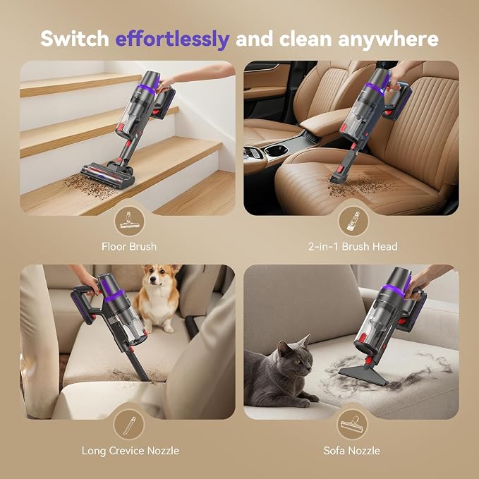 Cordless Vacuum Cleaner,450W 40Kpa Vacuum Cleaners for Home,Up to 60 Min Runtime,Tangle-Free Brush,8-in-1 Versatile &