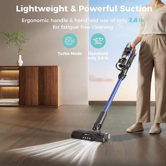 Cordless Vacuum Cleaner, 45Mins Stick Vacuum for Home, Strong Suction, Removable Battery, Anti-Tangle, One Click Clean