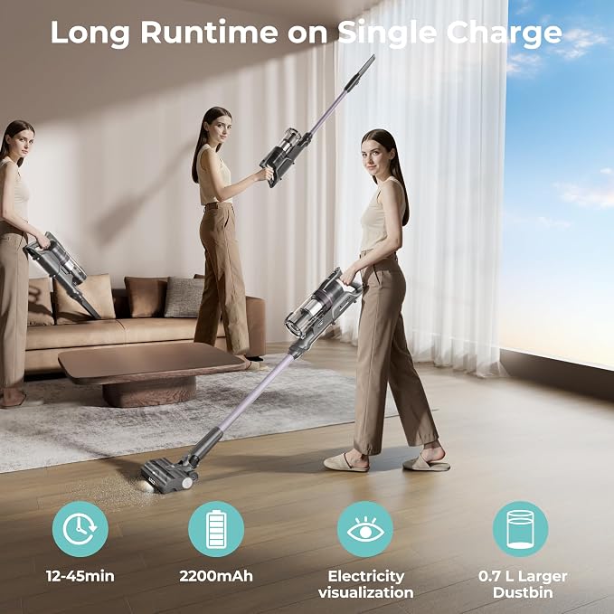 Cordless Vacuum Cleaner,45Mins Vacuum Cleaners for Home,Stick Vacuum,Strong Suction,Removeable Battery,Anti-Tangle,One Click