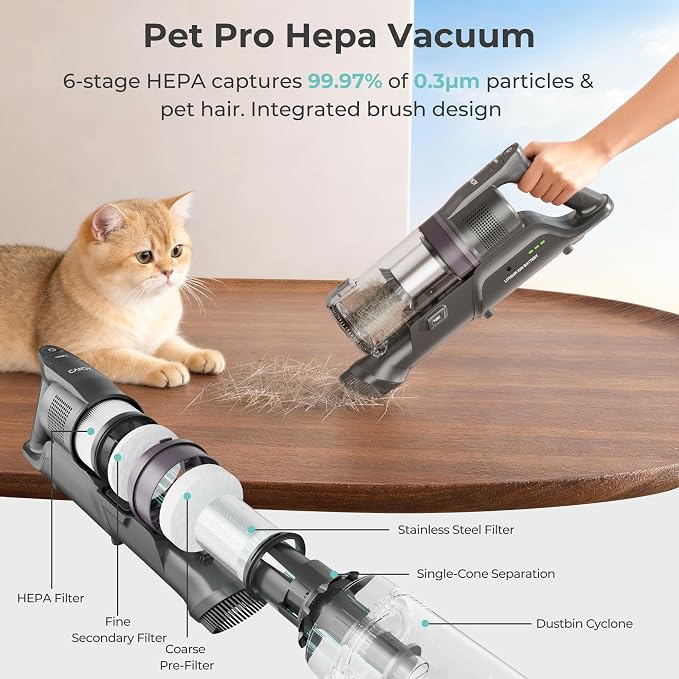 Cordless Vacuum Cleaner,45Mins Vacuum Cleaners for Home,Stick Vacuum,Strong Suction,Removeable Battery,Anti-Tangle,One Click