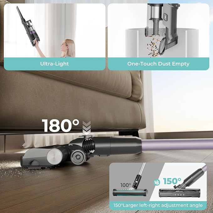 Cordless Vacuum Cleaner,45Mins Vacuum Cleaners for Home,Stick Vacuum,Strong Suction,Removeable Battery,Anti-Tangle,One Click