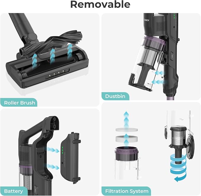 Cordless Vacuum Cleaner,45Mins Vacuum Cleaners for Home,Stick Vacuum,Strong Suction,Removeable Battery,Anti-Tangle,One Click