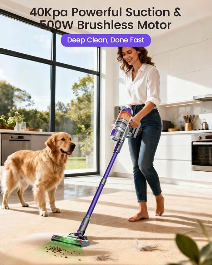 Cordless Vacuum Cleaner,500W 40KPa 60Mins Vacuum Cleaners for Home,Powerful Stick Vacuum With Green Light,Anti-tangle