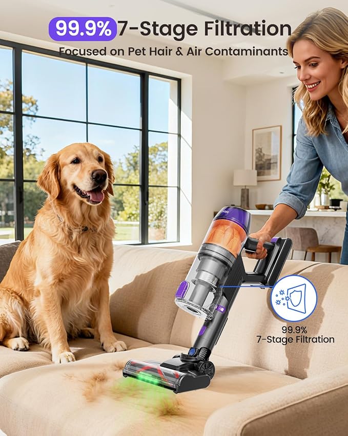 Cordless Vacuum Cleaner,500W 40KPa 60Mins Vacuum Cleaners for Home,Powerful Stick Vacuum With Green Light,Anti-tangle