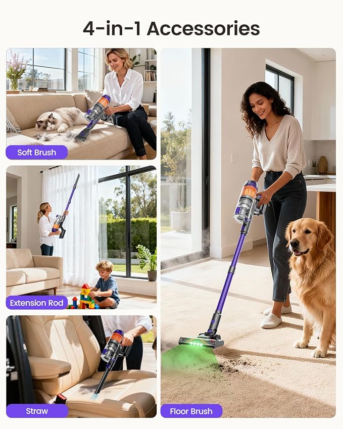 Cordless Vacuum Cleaner,500W 40KPa 60Mins Vacuum Cleaners for Home,Powerful Stick Vacuum With Green Light,Anti-tangle