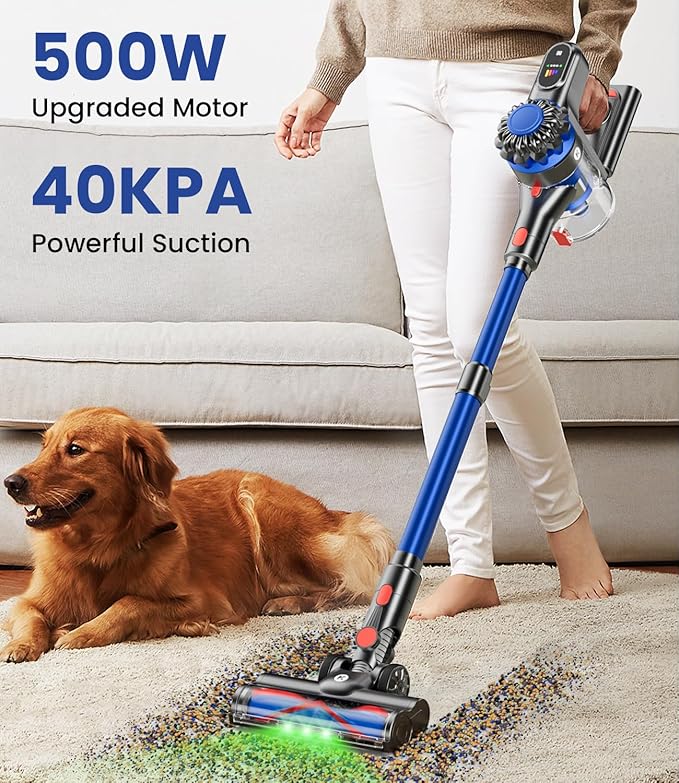 Cordless Vacuum Cleaner, 500W/40Kpa Vacuum Cleaners for Home, 60Mins Stick Vacuum with LED Display, Anti-Tangle & Wall Mount
