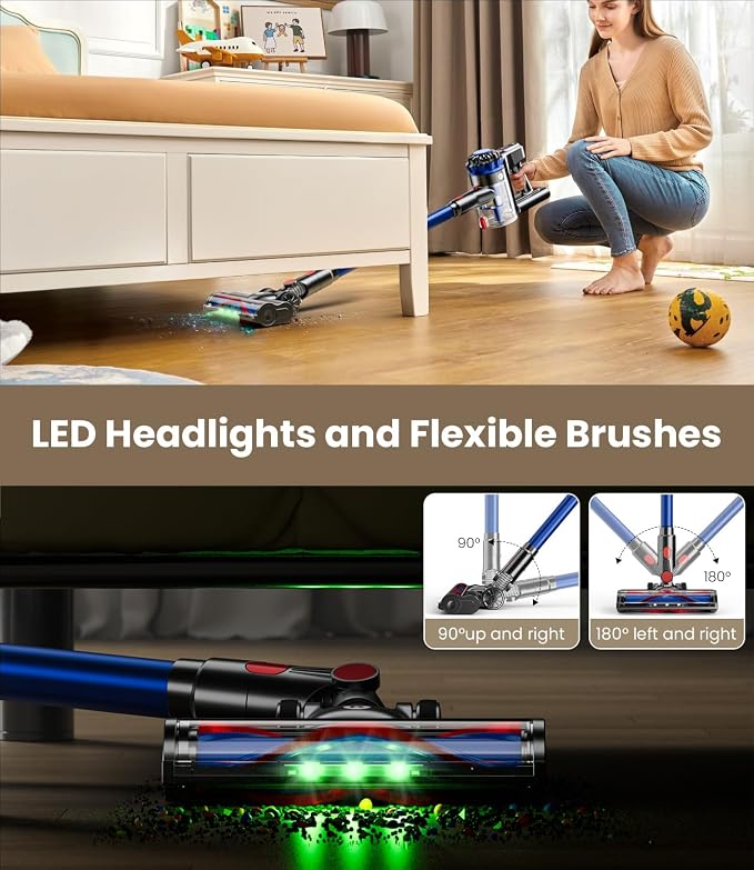 Cordless Vacuum Cleaner, 500W/40Kpa Vacuum Cleaners for Home, 60Mins Stick Vacuum with LED Display, Anti-Tangle & Wall Mount