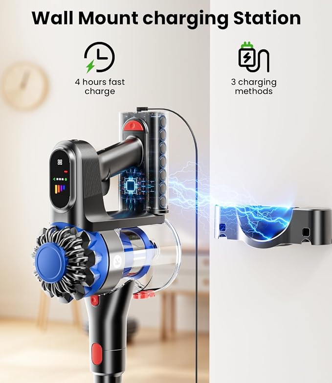 Cordless Vacuum Cleaner, 500W/40Kpa Vacuum Cleaners for Home, 60Mins Stick Vacuum with LED Display, Anti-Tangle & Wall Mount