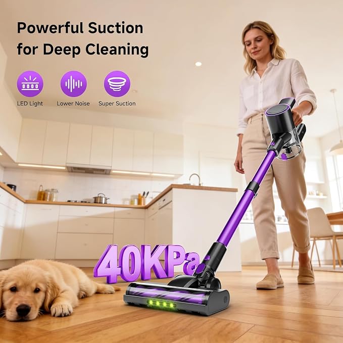 Cordless Vacuum Cleaner, 500W/40Kpa Vacuum Cleaners for Home, Stick Vacuum Cordless with LED Display, Anti-Tangle & Wall