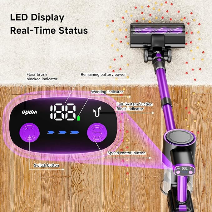 Cordless Vacuum Cleaner, 500W/40Kpa Vacuum Cleaners for Home, Stick Vacuum Cordless with LED Display, Anti-Tangle & Wall